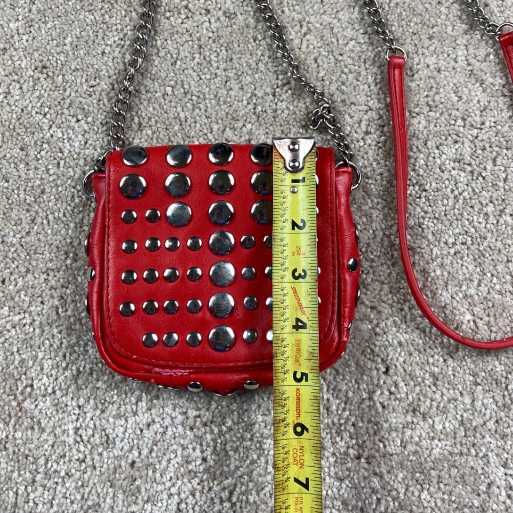 Red Studded Mini Crossbody Bag Silver Hardware Chain Strap Edgy Festival Style - Picture 2 of 8